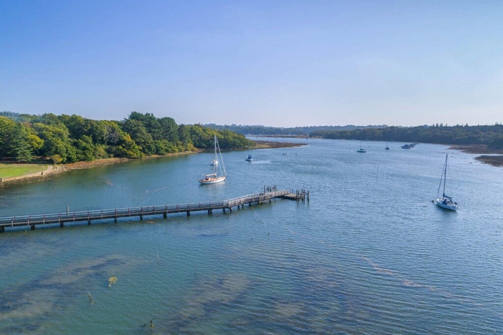 drone photo looking down beaulieu river
