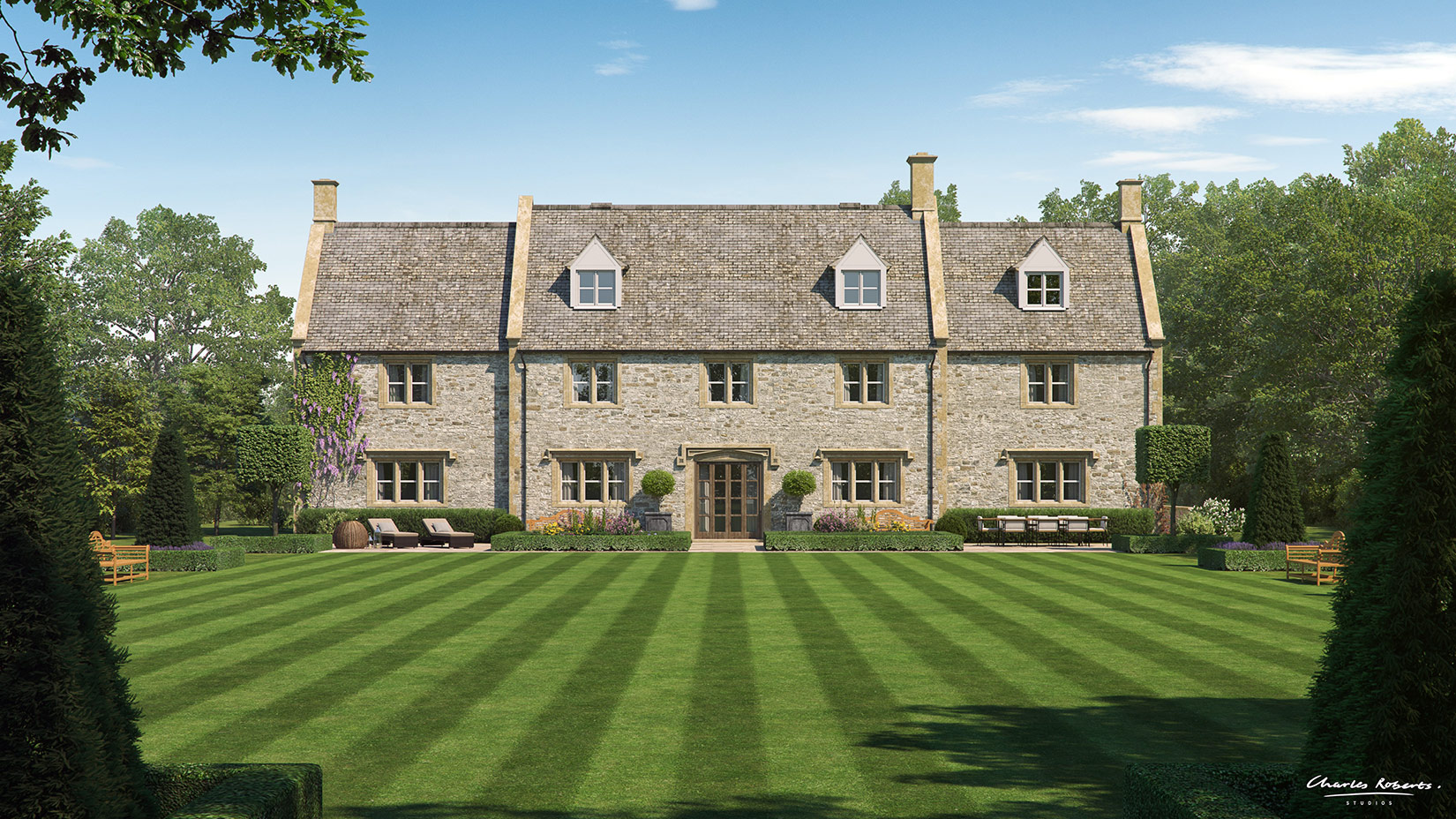 architectural visualisation showing front garden view new cotswold manor house