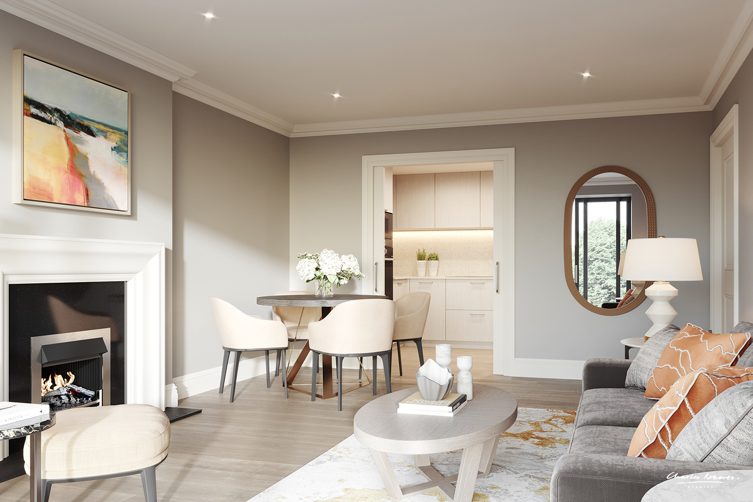 Interior CGI showing an assisted living apartment with open-plan living, dining and kitchen areas.