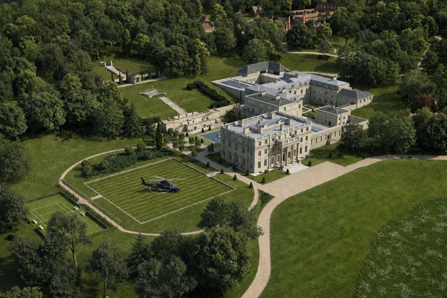 benham park architectural visualisation aerial estate heliport with helicopter