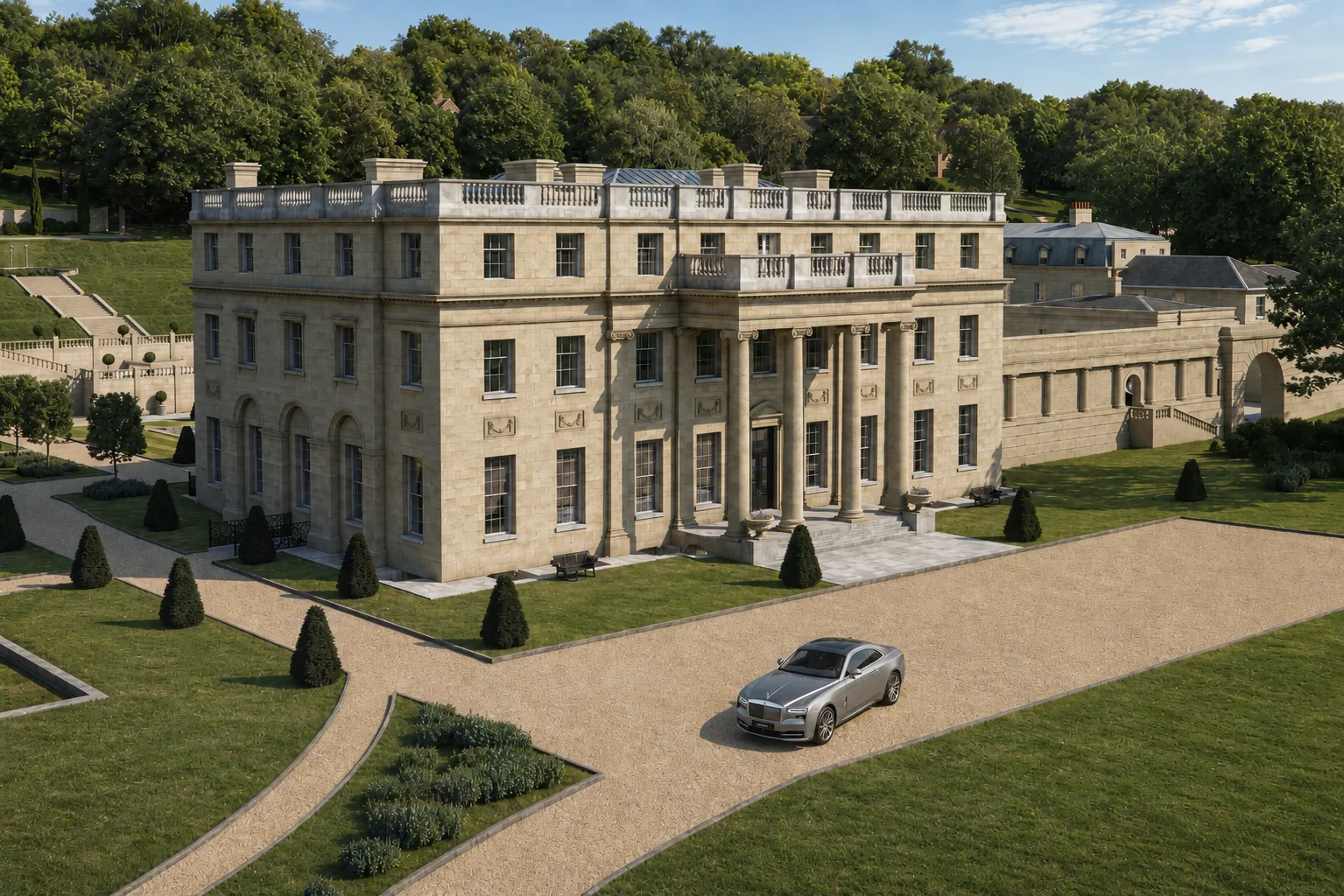 benham park architectural visualisation main house arrival