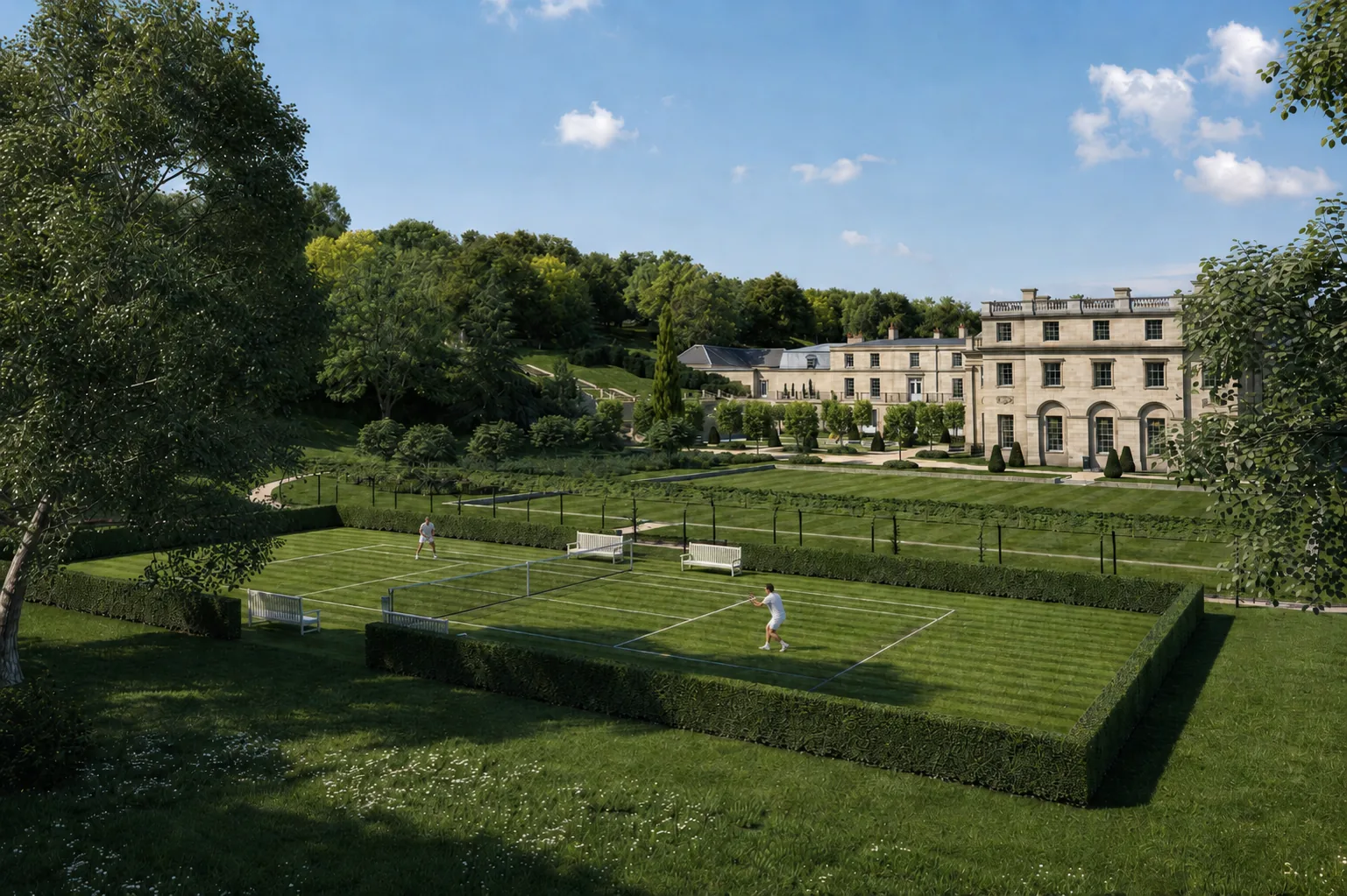 benham park architectural visualisation tennis court view with people