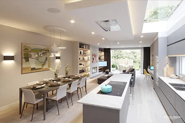 interior 3d rendering open plan kitchen living space